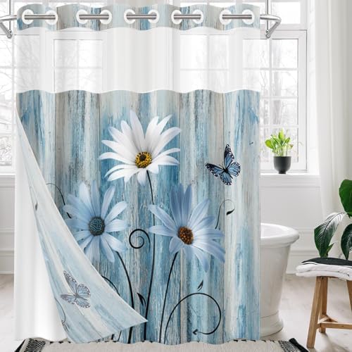 Nesphy No Hook Blue Daisy Shower Curtain Set