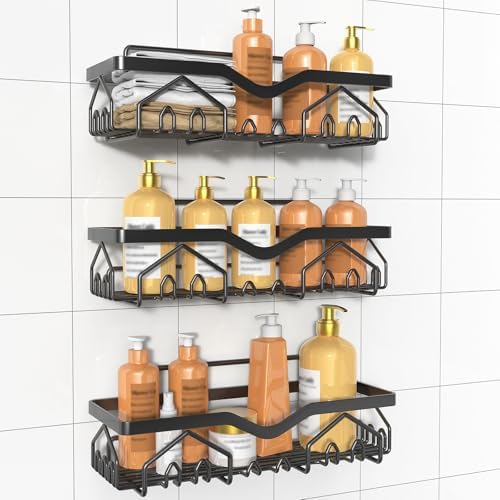 Wall Mounted Shower Caddy Organizer 3 Pcs No Drilling Black L