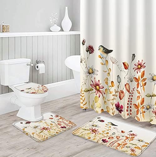 ZOE GARDEN Fall Flower Bird Bathroom Set with Curtain and Rug
