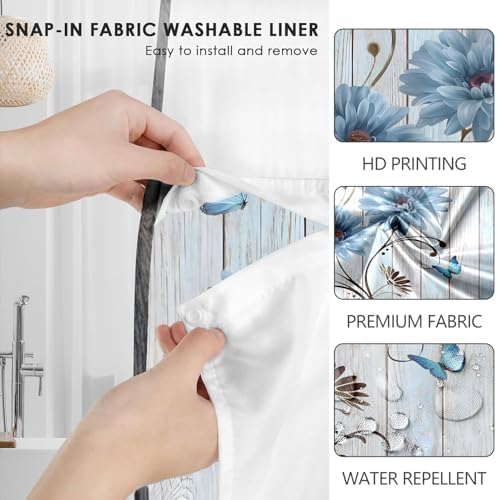 AZHM Rustic Blue Daisy Shower Curtain Set