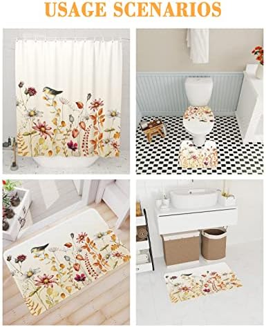ZOE GARDEN Fall Flower Bird Bathroom Set with Curtain and Rug