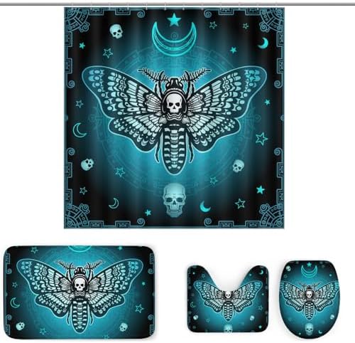 4 Pcs Death Moth Theme Shower Curtain Set with Rug and Mat
