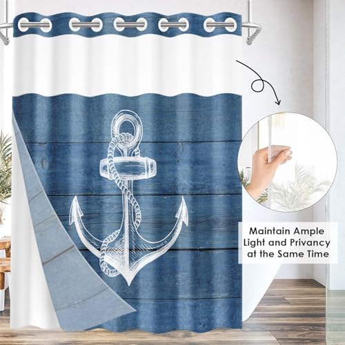 Nesphy Navy Blue No Hook Anchor Wooden Board Shower Curtain Set