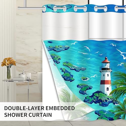No Hook Beach Shower Curtain Set - Tropical Lighthouse Design in Summer Blue