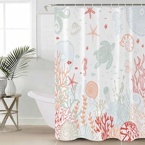 Huotupsine Red Orange Teal Nautical Coastal Shower Curtain Set