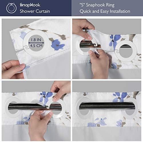 Lagute SnapHook Hook Free Shower Curtain with Liner and Mesh Window Blue Blossom