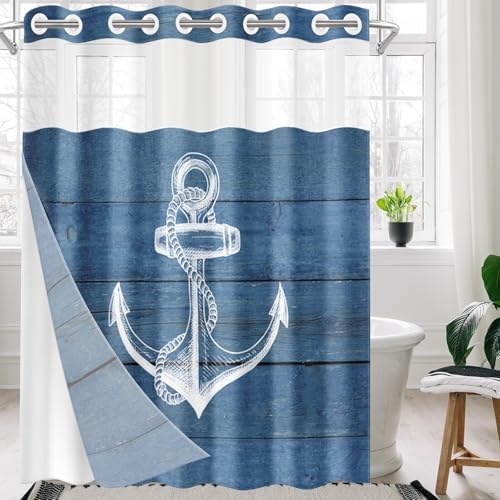 Nesphy Navy Blue No Hook Anchor Wooden Board Shower Curtain Set