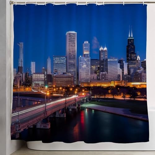OXJOIIS USA Chicago City Skyline Art Shower Curtain Set