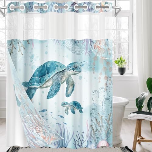 Nesphy No Hook Sea Turtles Shower Curtain Set