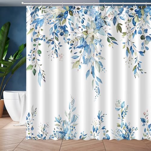 Blue Green Eucalyptus Leaves Shower Curtain Set
