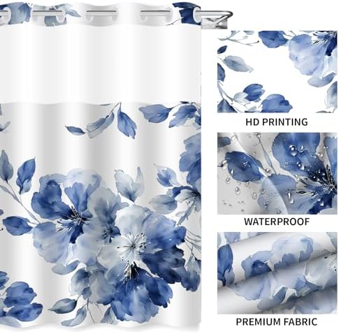 Uhexoyo Modern Abstract Navy Blue Flower Shower Curtain Set