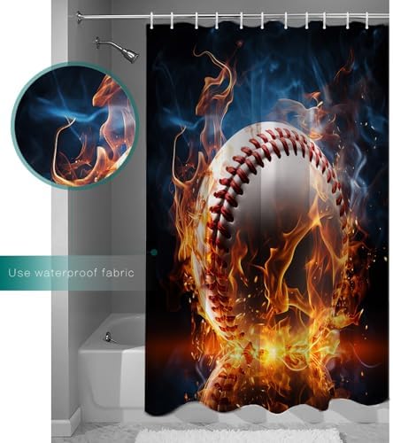 ZOE GARDEN Baseball Shower Curtain Set with Hooks 72x78
