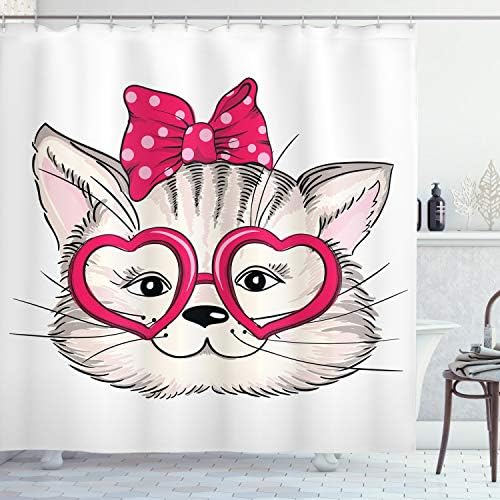 Ambesonne Cat Shower Curtain with Heart Shaped Glasses and Ribbon Teenager Design