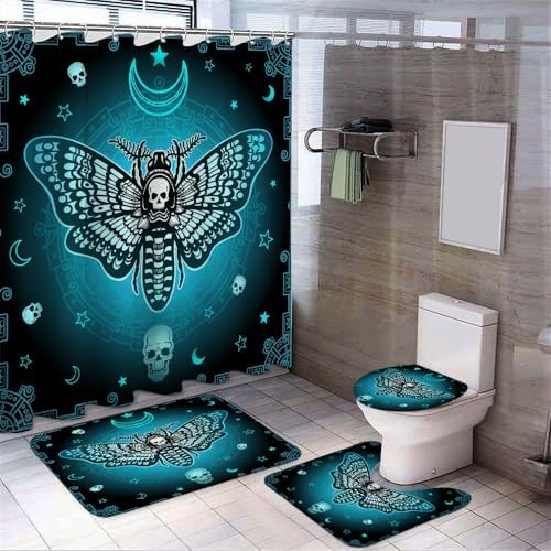 4 Pcs Death Moth Theme Shower Curtain Set with Rug and Mat