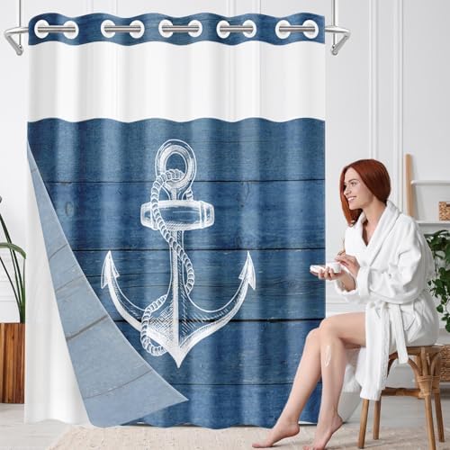 Nesphy Navy Blue No Hook Anchor Wooden Board Shower Curtain Set