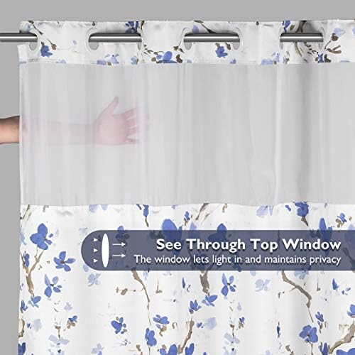 Lagute SnapHook Hook Free Shower Curtain with Liner and Mesh Window Blue Blossom