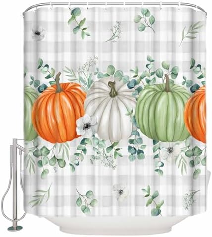 ZOE GARDEN Orange Green White Pumpkin Shower Curtain Set with Hook 48x72