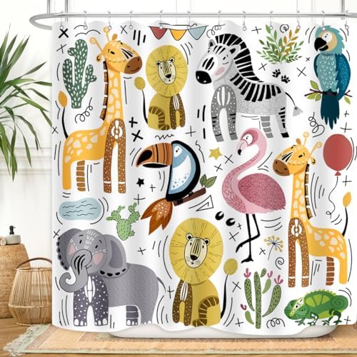 Cute Animal Shower Curtain Set with 12 Plastic Hooks