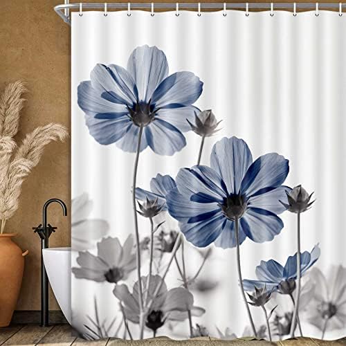 MERCHR Blue Grey Daisy Floral Shower Curtain Set 71x71 Inches