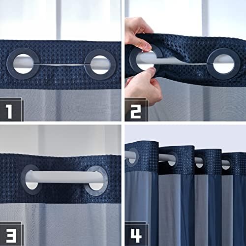 Furlinic No Hook Waffle Shower Curtain Set Navy Blue 36x72 Inch