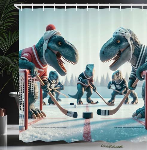 Ambesonne Dinosaur Shower Curtain with Ice Hockey Hooks