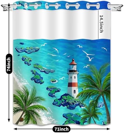 No Hook Beach Shower Curtain Set - Tropical Lighthouse Design in Summer Blue