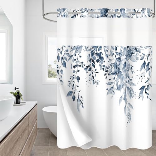 Gibelle No Hook Shower Curtain Set Navy Blue Eucalyptus Leaves