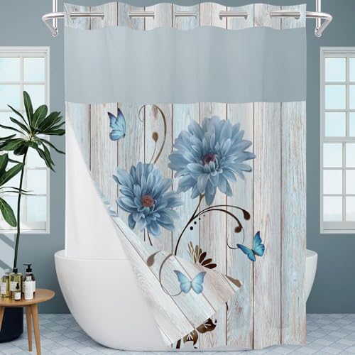 AZHM Rustic Blue Daisy Shower Curtain Set