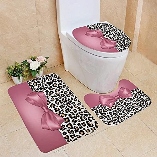 Uphome Leopard Print Bath Mat with Pink Bowknot