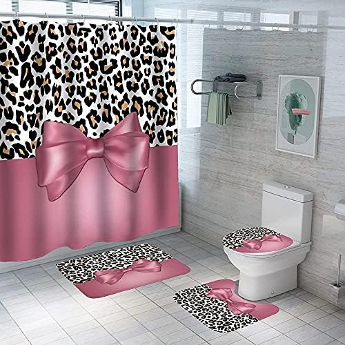 Uphome Leopard Print Bath Mat with Pink Bowknot