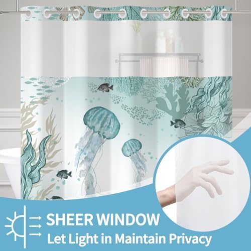 No Hook Jellyfish Shower Curtain Set with Snap-in Liner and Double Layer