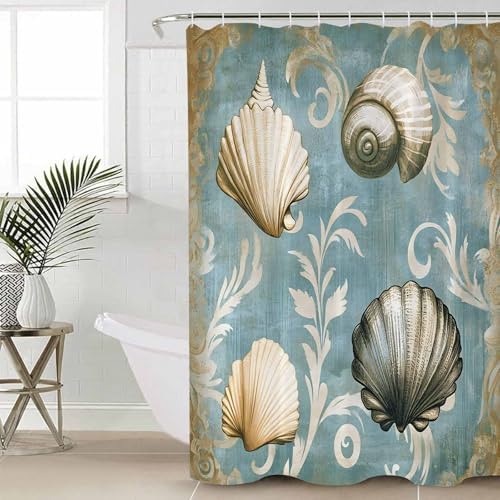 ZOE GARDEN Blue Brown Coastal Bathroom Set with Shower Curtain and Rug