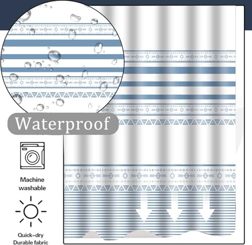 TERSUM No Hook Blue Striped Shower Curtain Set with Snap Liner 71x74 Inch
