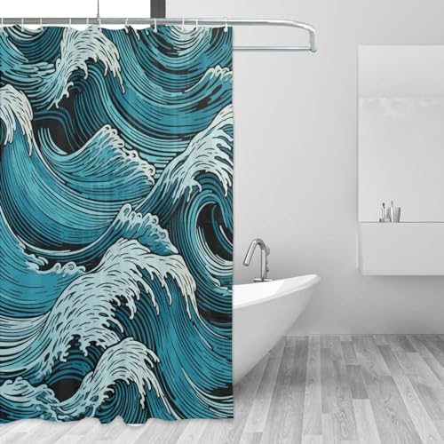 Blue Wave Shower Curtain with 12 Hooks 72x72in