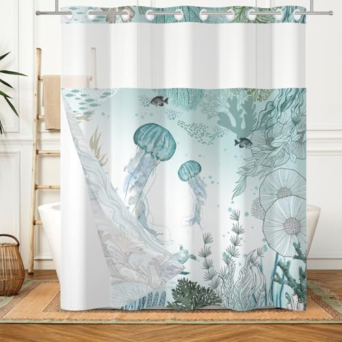 No Hook Jellyfish Shower Curtain Set with Snap-in Liner and Double Layer