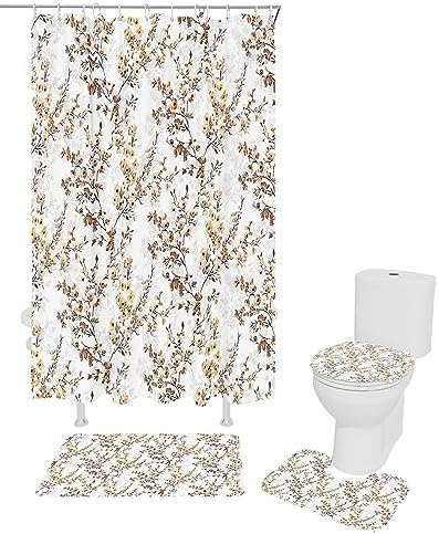 ZOE GARDEN Brown Flower Leaves Shower Curtain Set