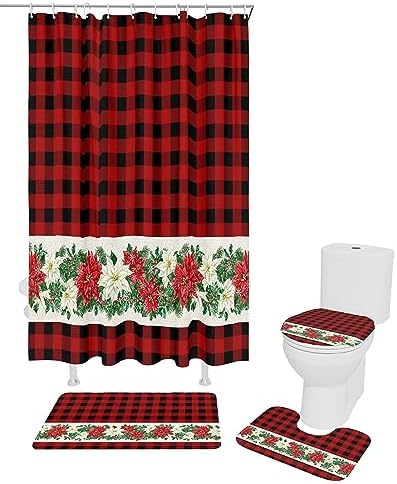 ZOE GARDEN Poinsettia Bathroom Set with Shower Curtain Rug and Hooks