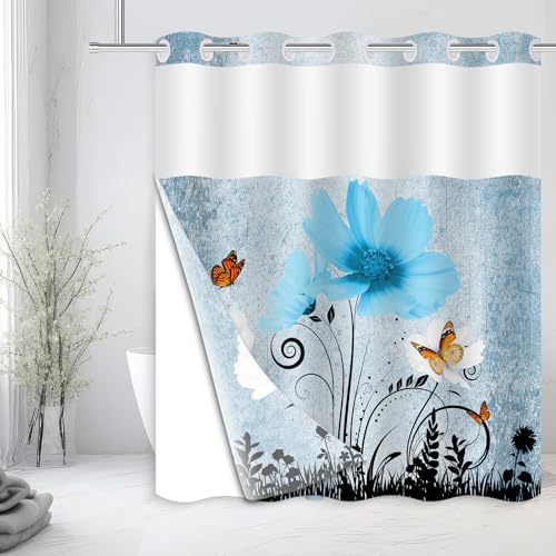 Beautiful Butterfly Shower Curtain with Aqua Floral Pattern