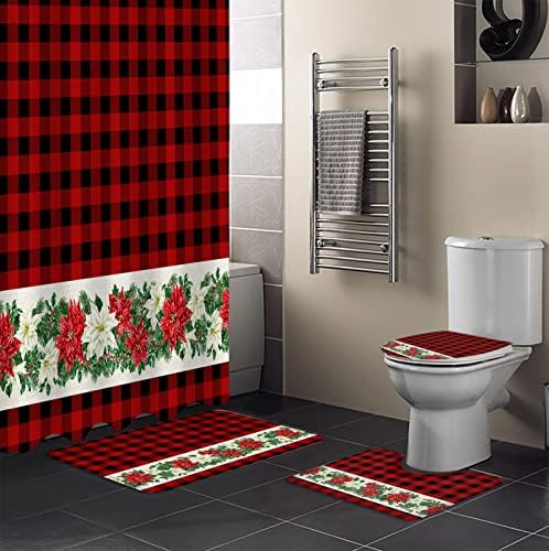 ZOE GARDEN Poinsettia Bathroom Set with Shower Curtain Rug and Hooks