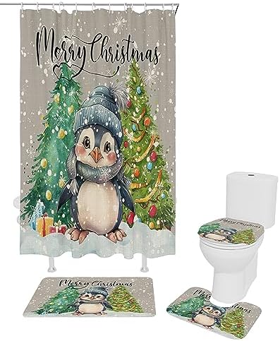 Christmas Penguin Bathroom Set with Shower Curtain and Rug