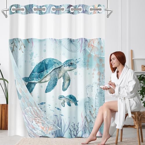 Nesphy No Hook Sea Turtles Shower Curtain Set