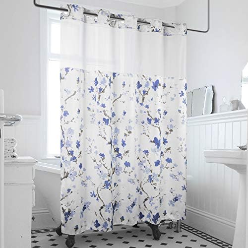 Lagute SnapHook Hook Free Shower Curtain with Liner and Mesh Window Blue Blossom