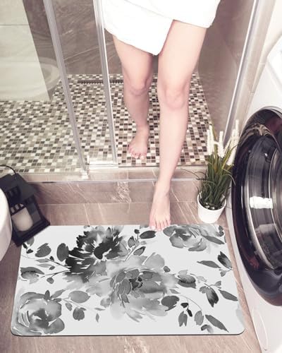 Black White Floral Ink Art Bathroom Mat Non-Slip