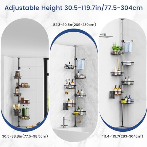 Mixoo Corner Shower Caddy - Adjustable Tension Pole with 6 Shelves