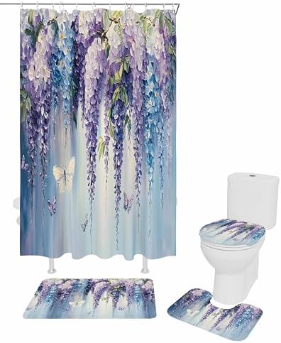 ZOE GARDEN Purple Blue Botanical Shower Curtain Set