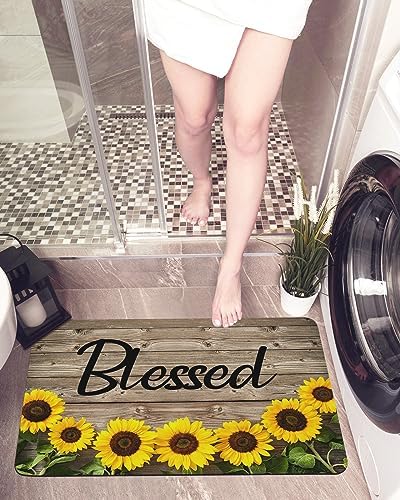 Farm Sunflower Rustic Barn Wood Bath Mat 32x20In Non-Slip