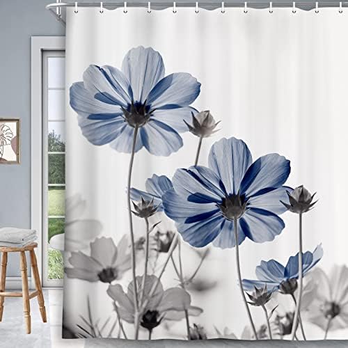 MERCHR Blue Grey Daisy Floral Shower Curtain Set 71x71 Inches