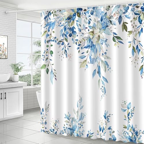 Blue Green Eucalyptus Leaves Shower Curtain Set