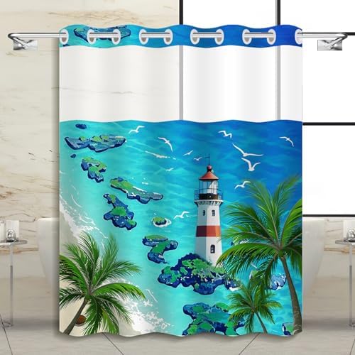 No Hook Beach Shower Curtain Set - Tropical Lighthouse Design in Summer Blue