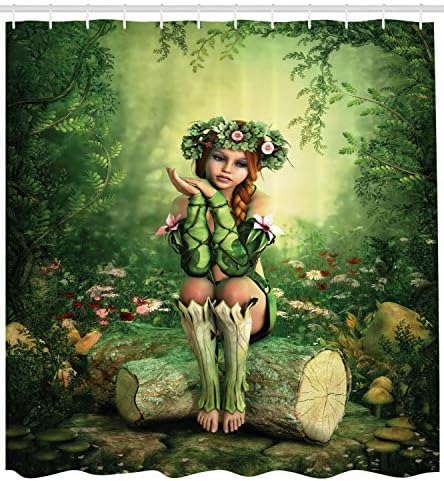 Ambesonne Tale Shower Curtain Set with Hooks 105 Wide Green Beige Pink